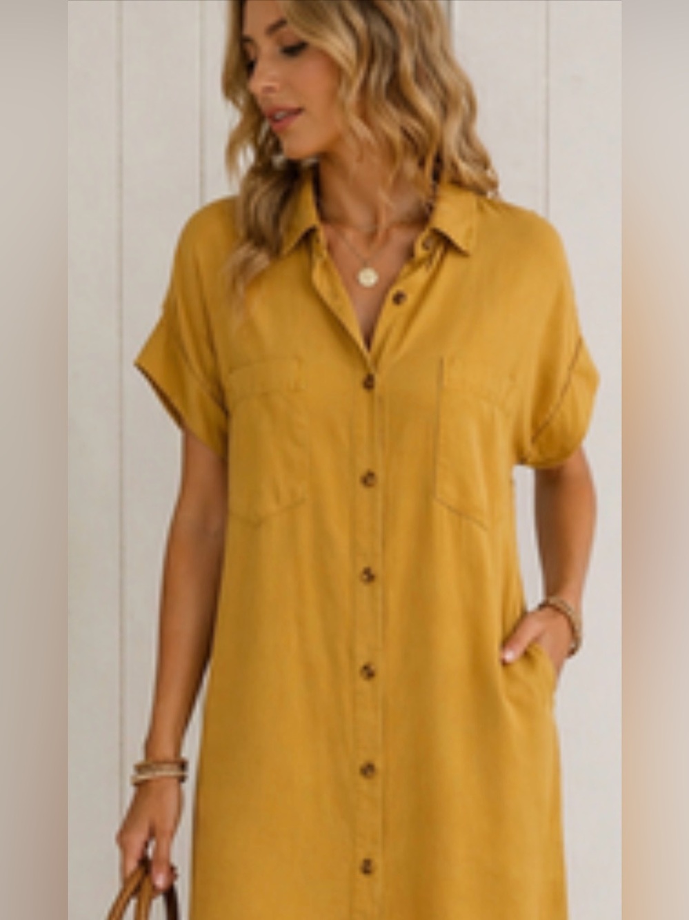 Thread & Supply Shirtdress Short Sleeve Frayed Hem Button Down Yellow Size M